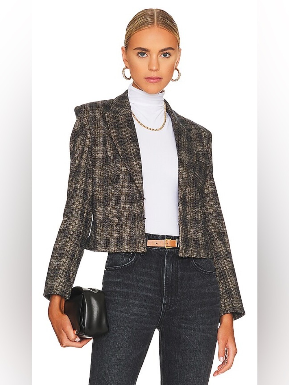 Heartloom Cropped Plaid Blazer in Brown and Black Houndstooth